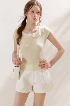 100% Lyocell Lace Collar Short-Sleeve Top