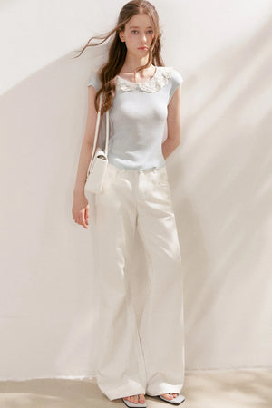 100% Lyocell Lace Collar Short-Sleeve Top