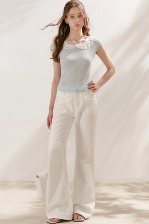 100% Lyocell Lace Collar Short-Sleeve Top