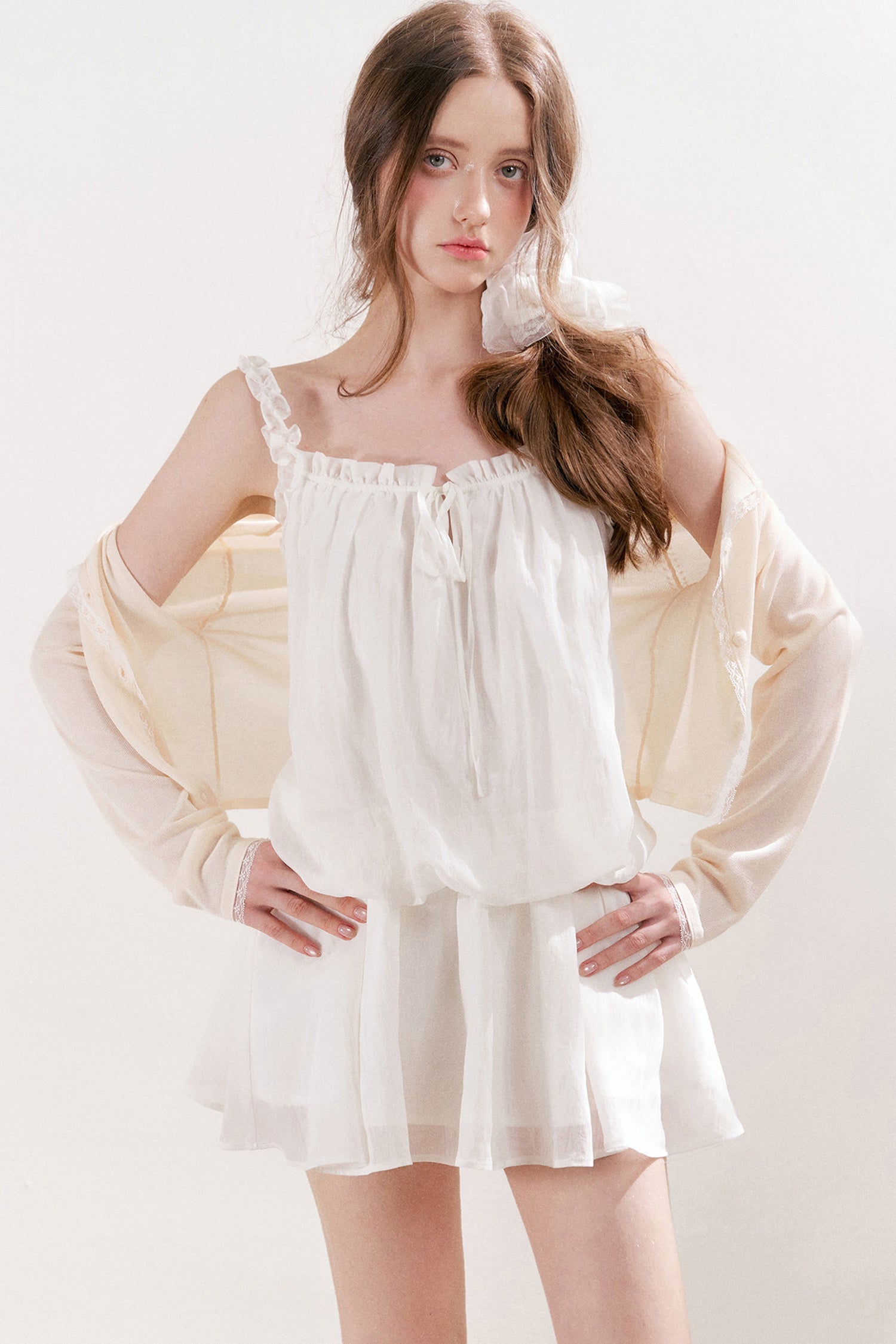 100% Lyocell Lace Trim Sheer Knit Cardigan