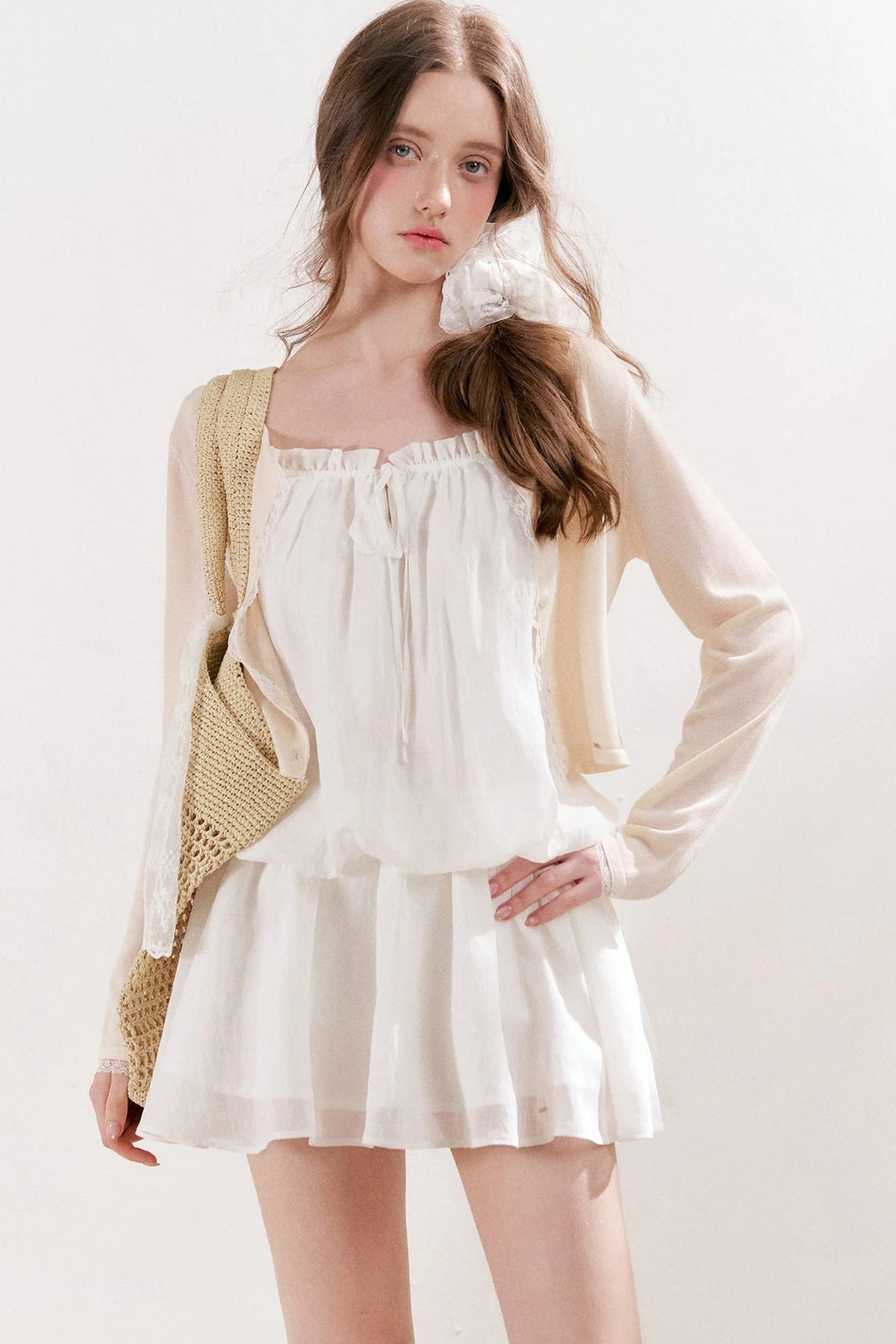 100% Lyocell Lace Trim Sheer Knit Cardigan