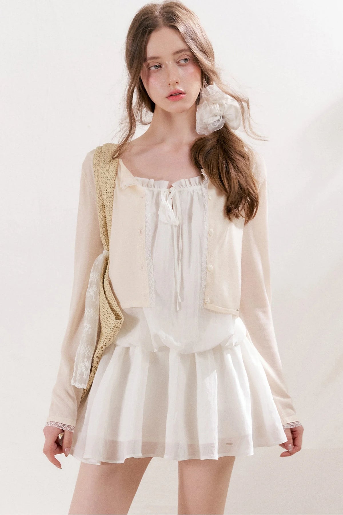 100% Lyocell Lace Trim Sheer Knit Cardigan