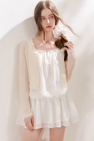 100% Lyocell Lace Trim Sheer Knit Cardigan