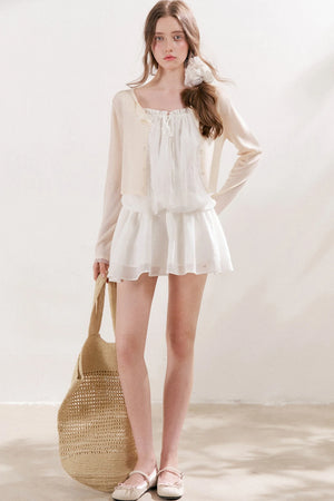 100% Lyocell Lace Trim Sheer Knit Cardigan