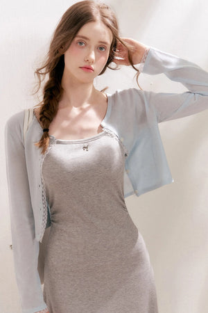 100% Lyocell Lace Trim Sheer Knit Cardigan