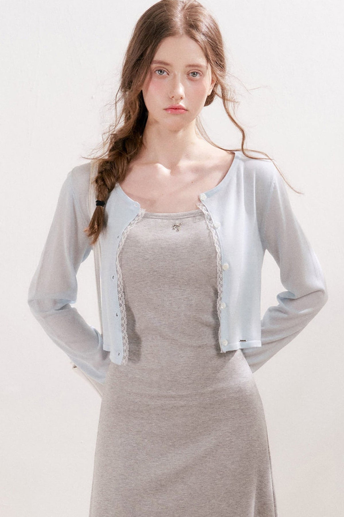 100% Lyocell Lace Trim Sheer Knit Cardigan