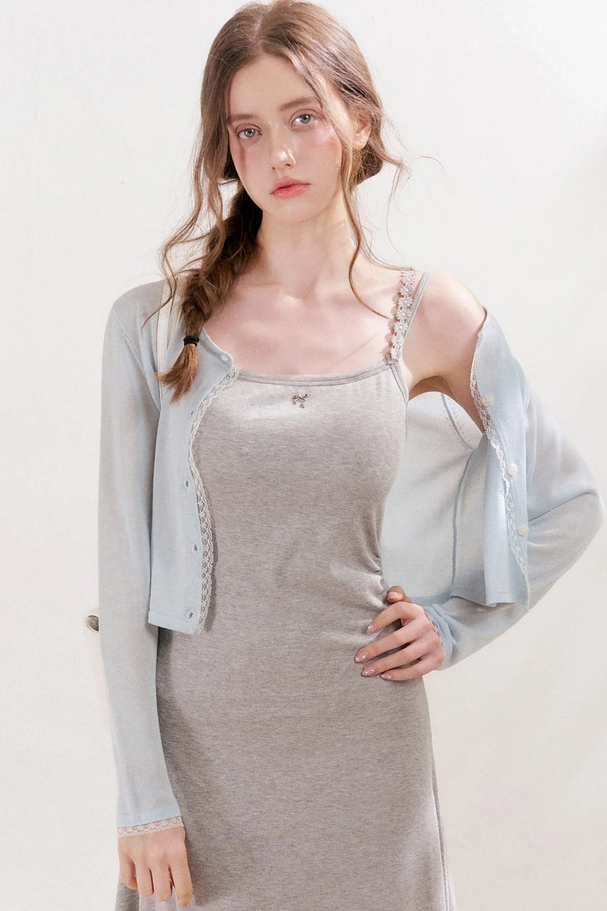 100% Lyocell Lace Trim Sheer Knit Cardigan