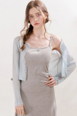 100% Lyocell Lace Trim Sheer Knit Cardigan