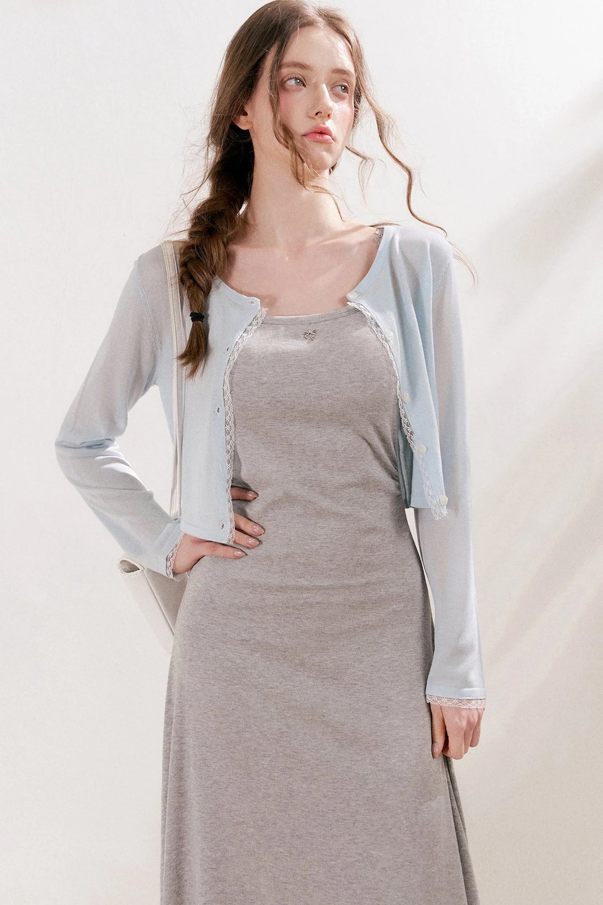 100% Lyocell Lace Trim Sheer Knit Cardigan