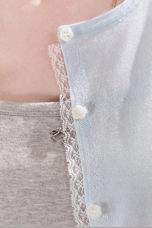 100% Lyocell Lace Trim Sheer Knit Cardigan