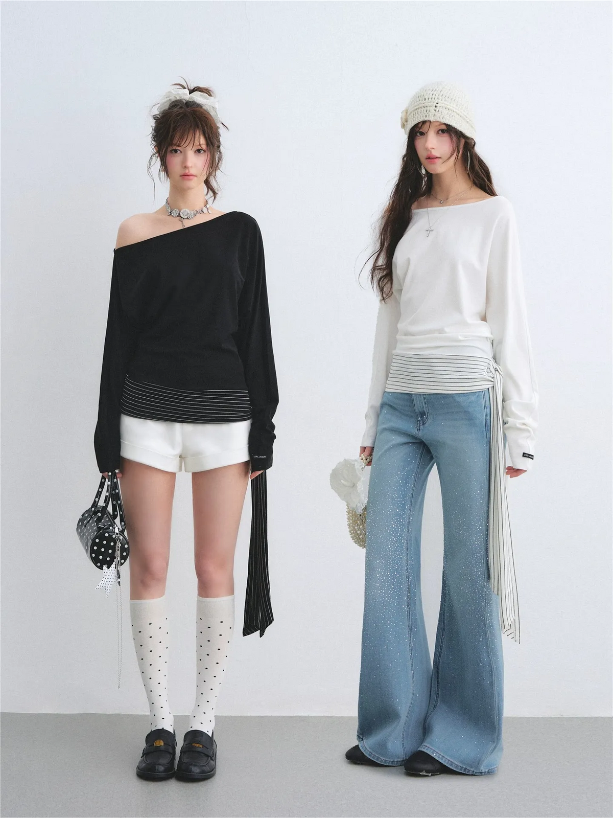 Asymmetric Batwing Sleeve Striped Tie-Hem Long Sleeve Top
