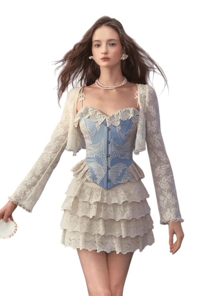 Vintage Lace-Embroidered Blue Corset