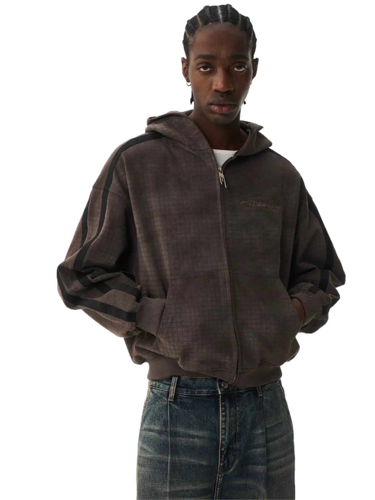 Distressed Vintage Embroidered Plaid Hoodie Jacket