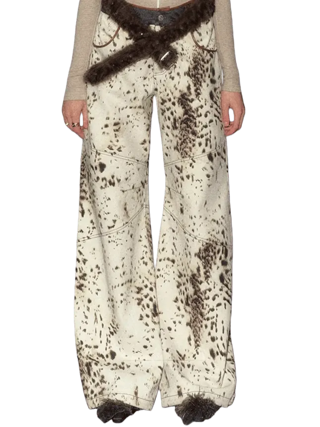 American Leopard Print Wide-Leg Denim Pants