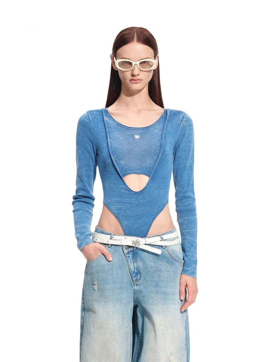 "Caracal Series" Washed Crinkle Denim Mesh Bodysuit