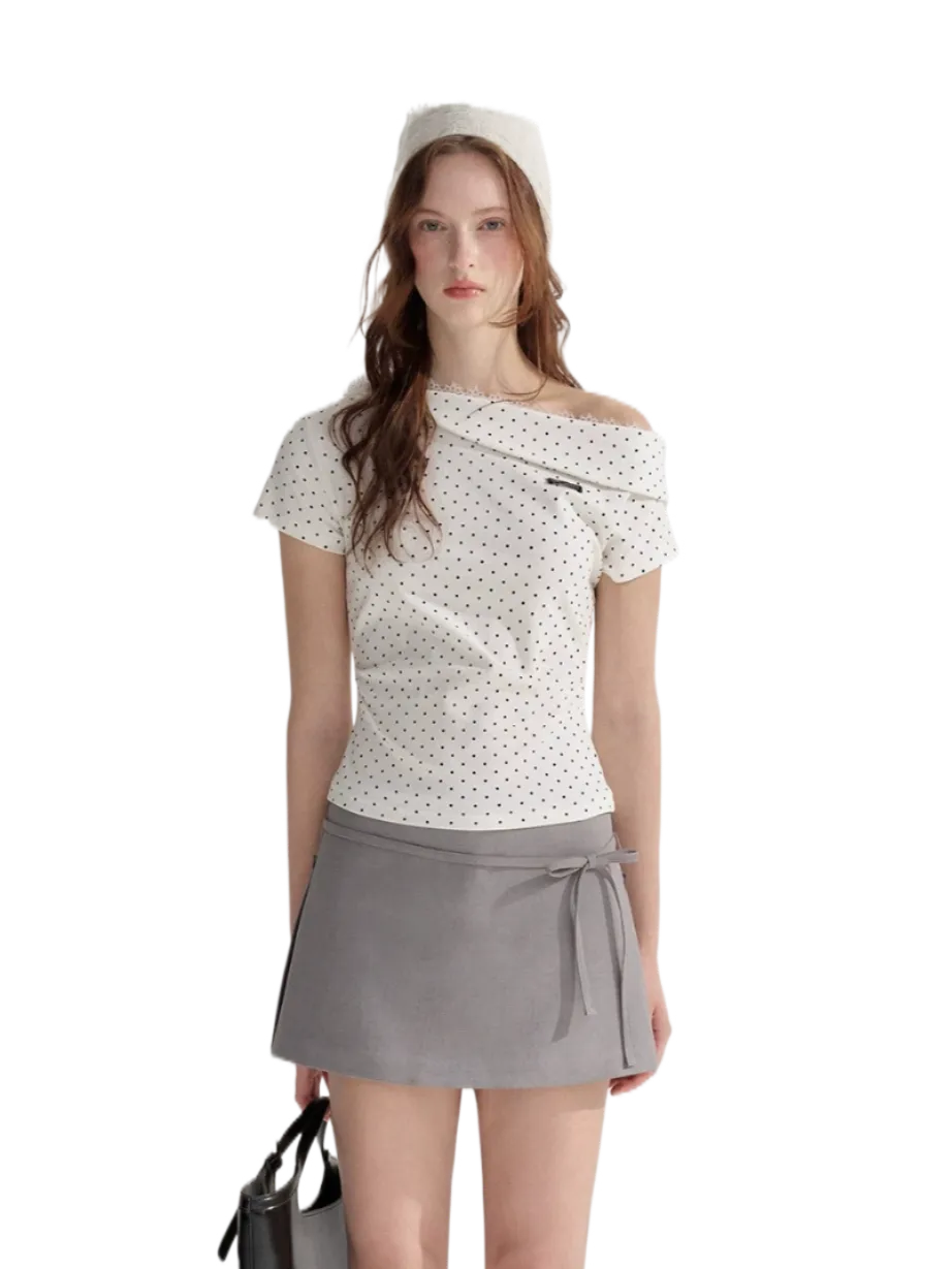Asymmetric Off-Shoulder Polka Dot Lace Trim Fitted T-Shirt