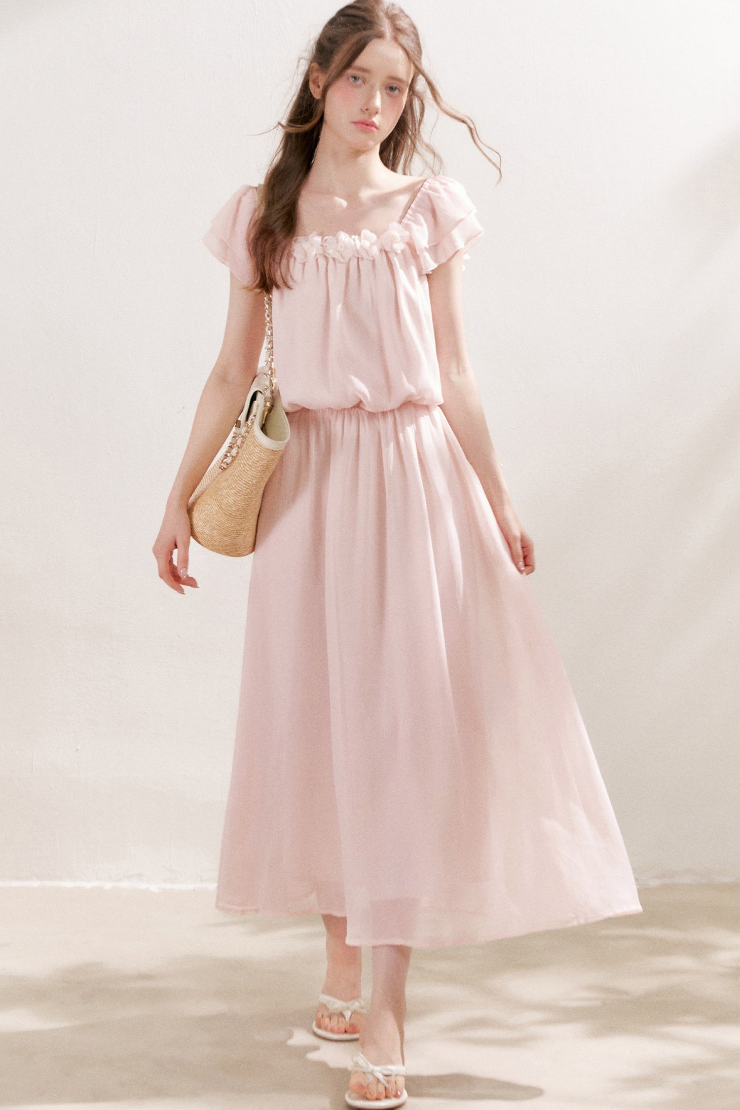 3D Floral Chiffon Flutter Sleeve Dress