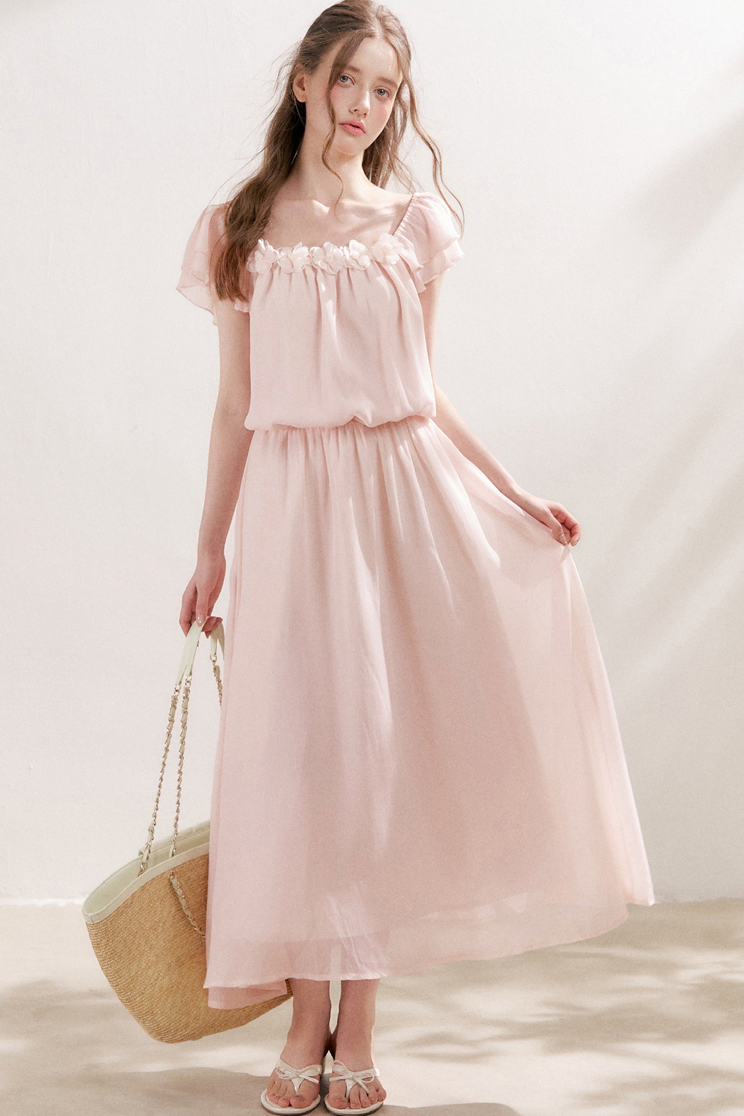 3D Floral Chiffon Flutter Sleeve Dress