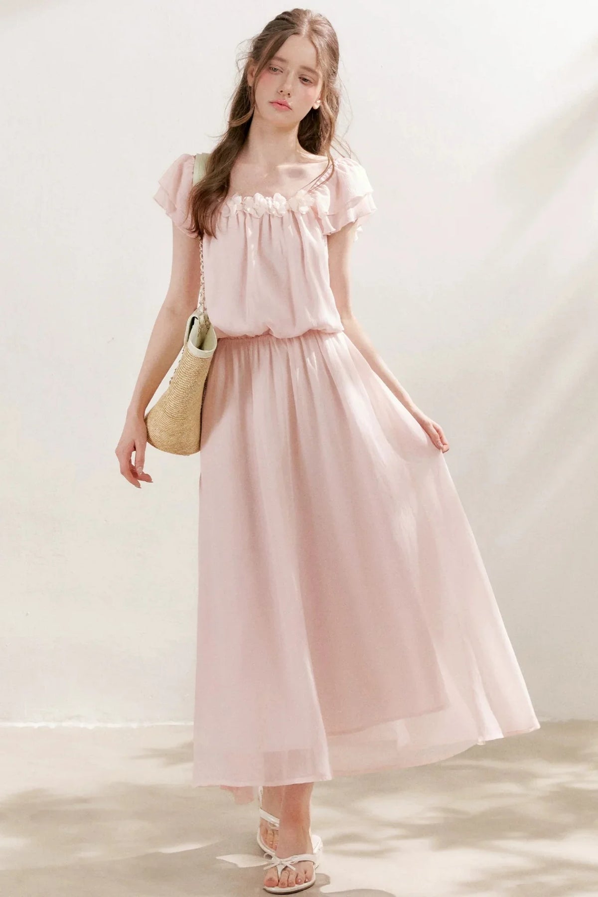 3D Floral Chiffon Flutter Sleeve Dress