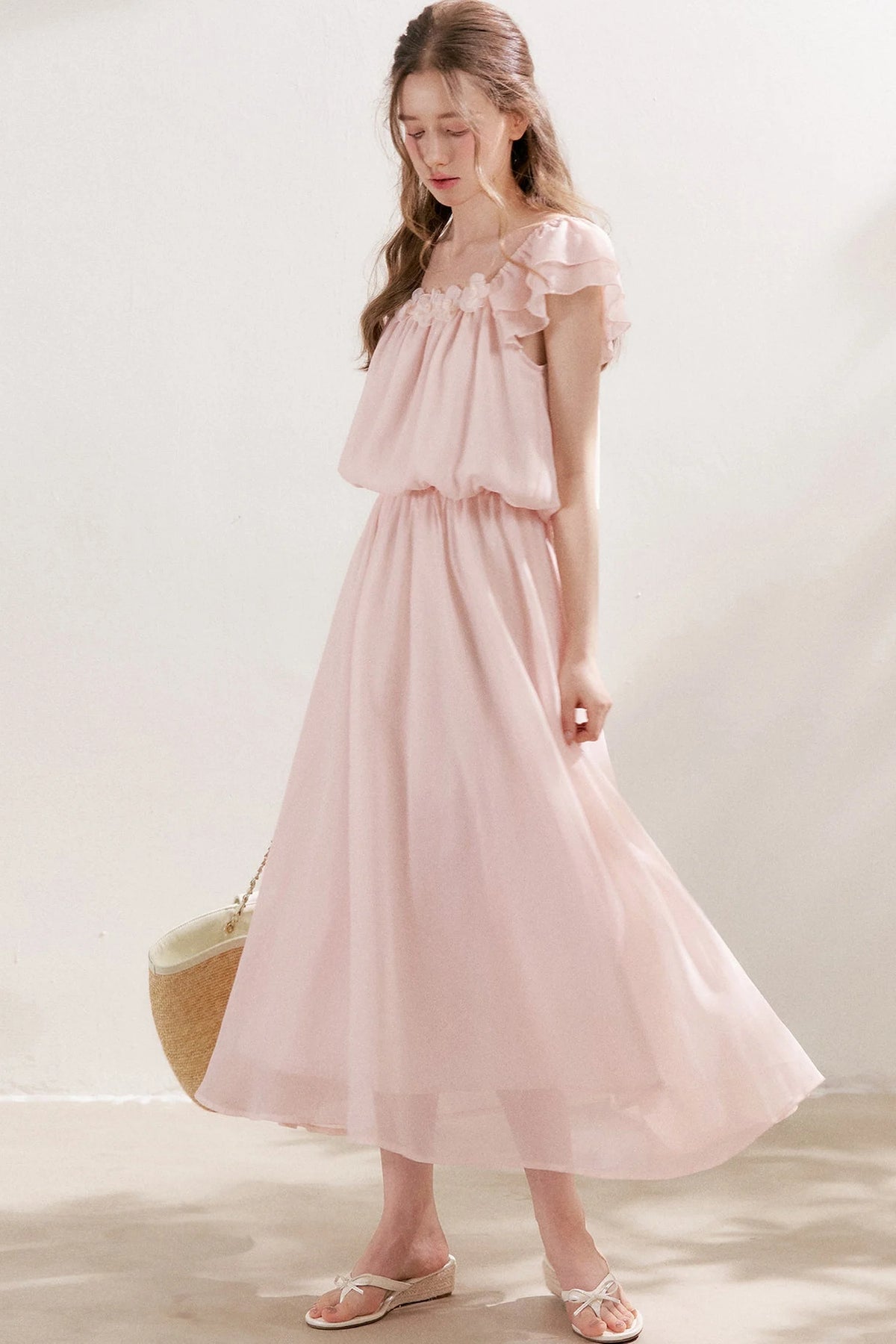 3D Floral Chiffon Flutter Sleeve Dress