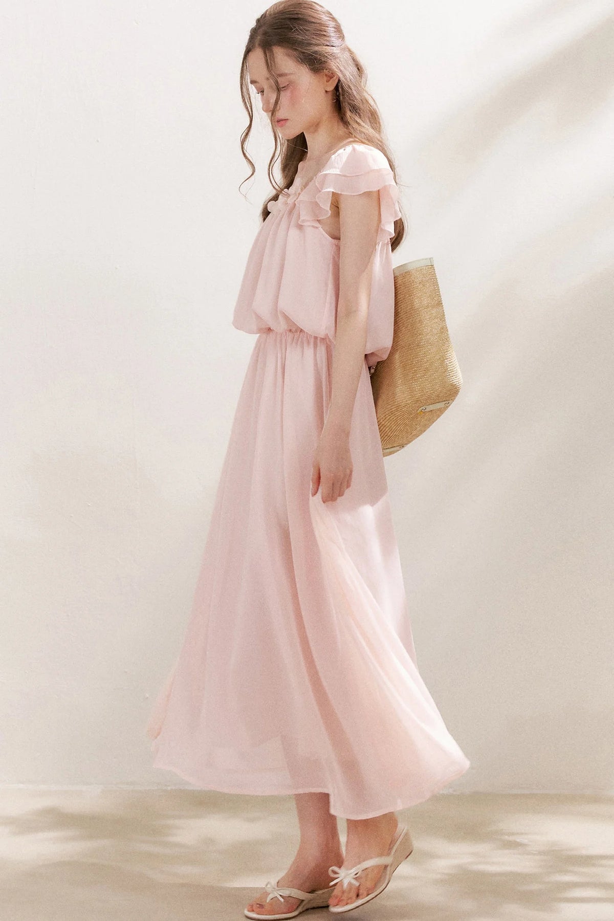 3D Floral Chiffon Flutter Sleeve Dress