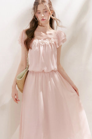 3D Floral Chiffon Flutter Sleeve Dress