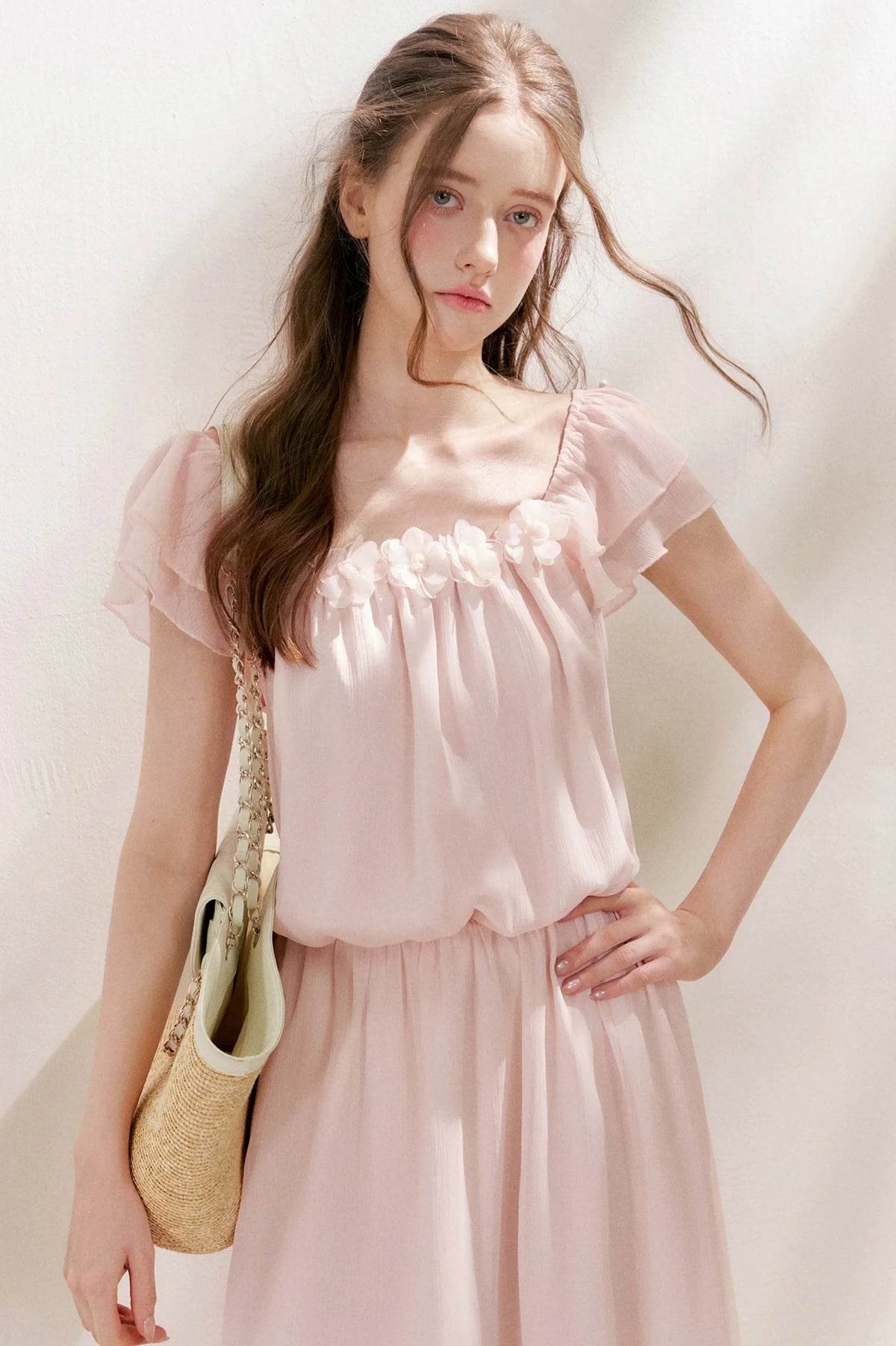 3D Floral Chiffon Flutter Sleeve Dress