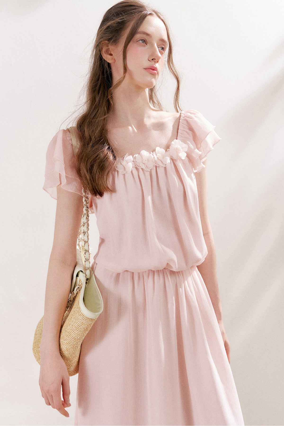 3D Floral Chiffon Flutter Sleeve Dress