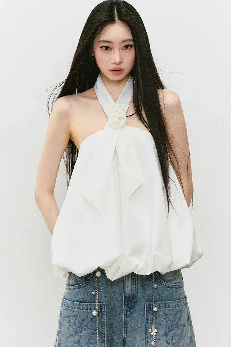 3D Rose Tie Fluffy Halter Top