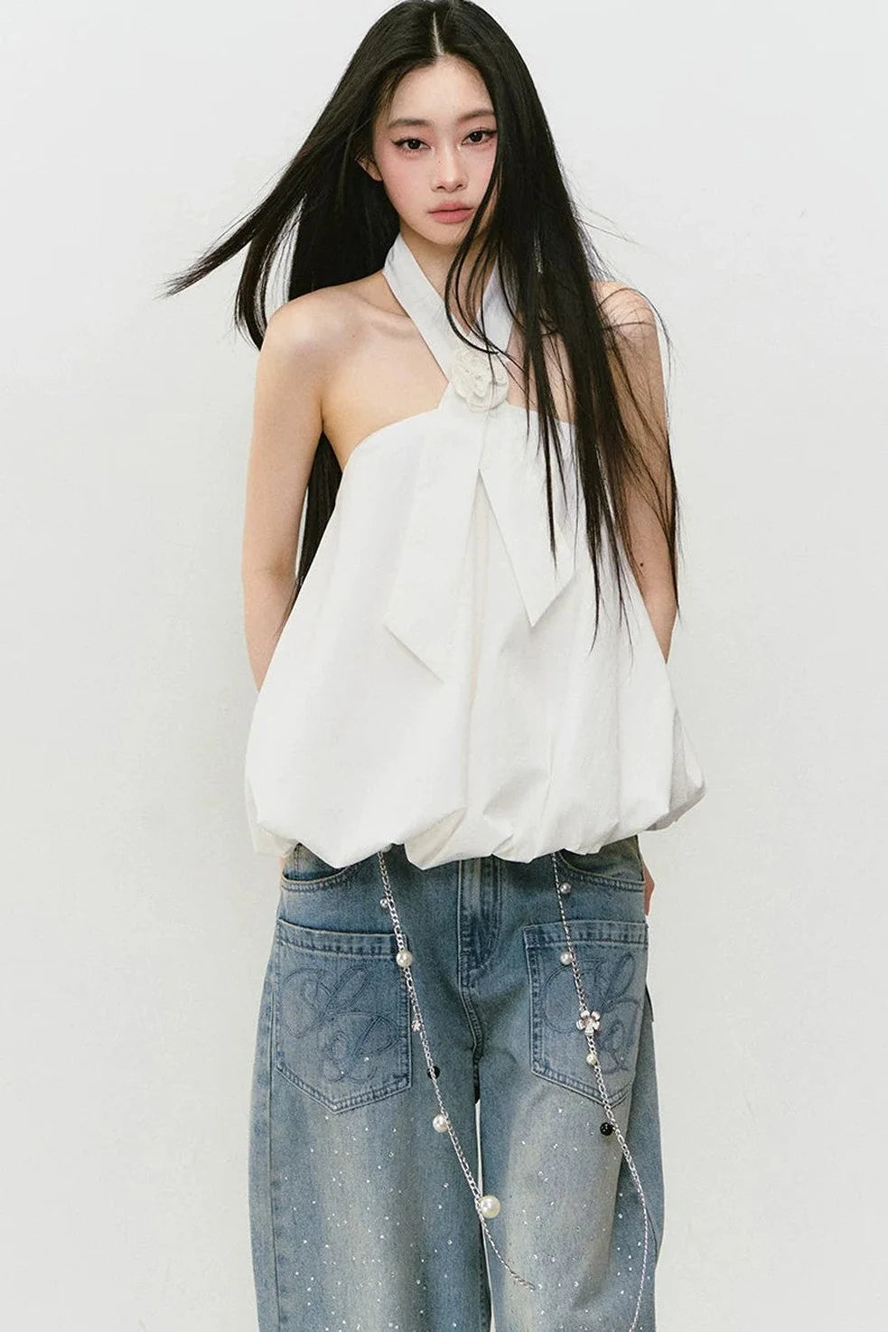 3D Rose Tie Fluffy Halter Top