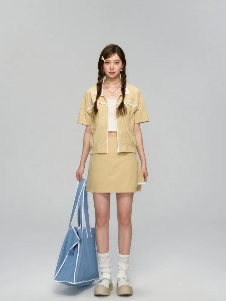 Color Blocking Lace Trimmed Short-Sleeve Outerwear & Skirt Set