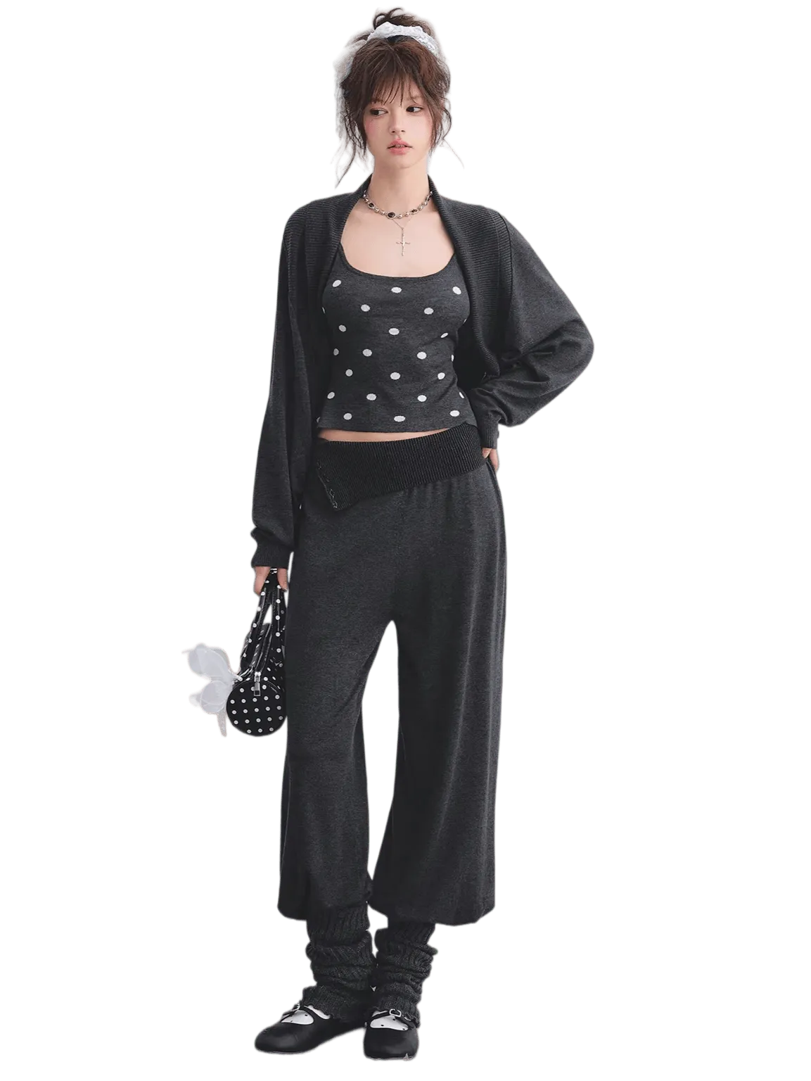 Contrast Polka Dot Cardigan & Cami Set