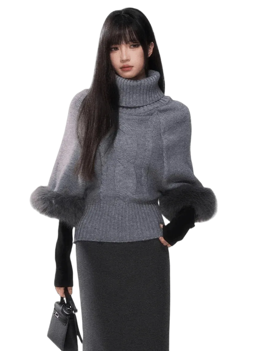 Cable-Knit Turtleneck Cape Sweater