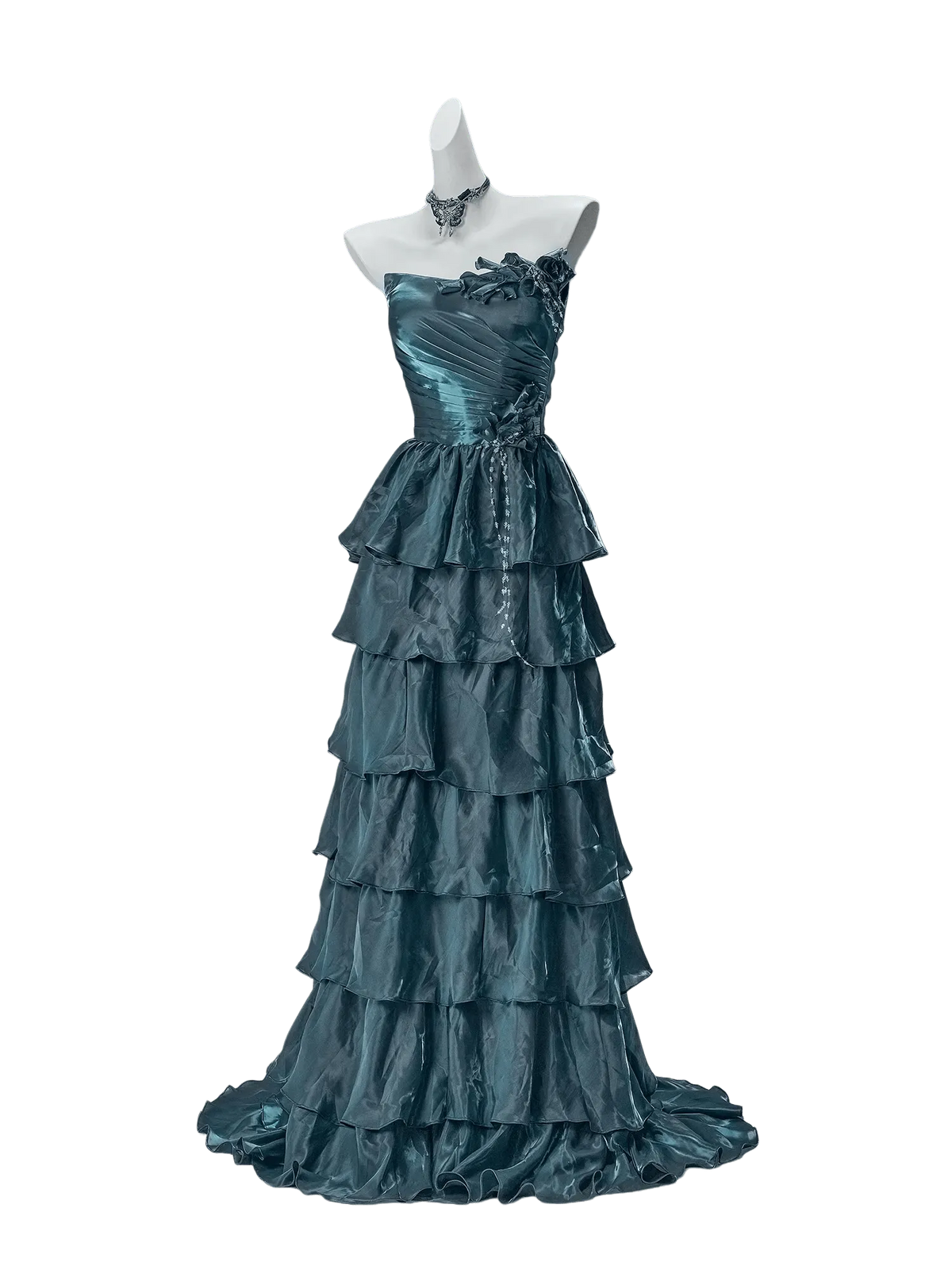 Bengi Midnight Teal Tiered Couture Gown