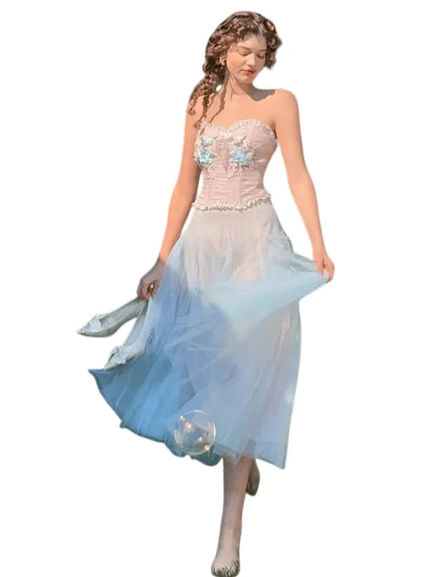 Blue Lily Strapless Corset Top & Mesh Skirt Set