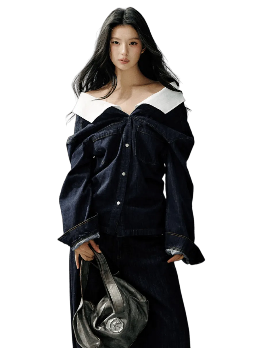 Off-Shoulder Denim Long Sleeve Shirt