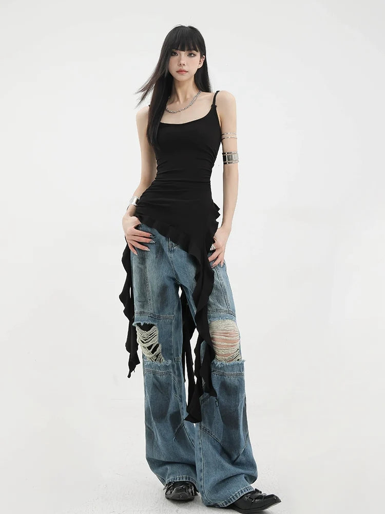Kenh House Asymmetric Ribbon-Strap Ruffle Tank Top