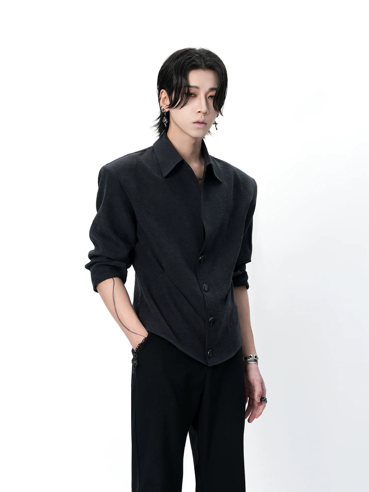 Black Sculpted Waist Button-Up Shirt