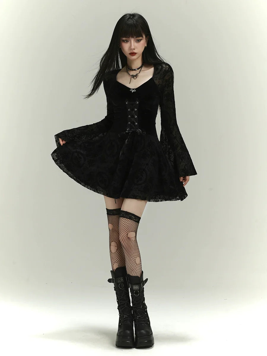 Lady Ghost Black Gothic Lace Bell-Sleeve Mini Dress