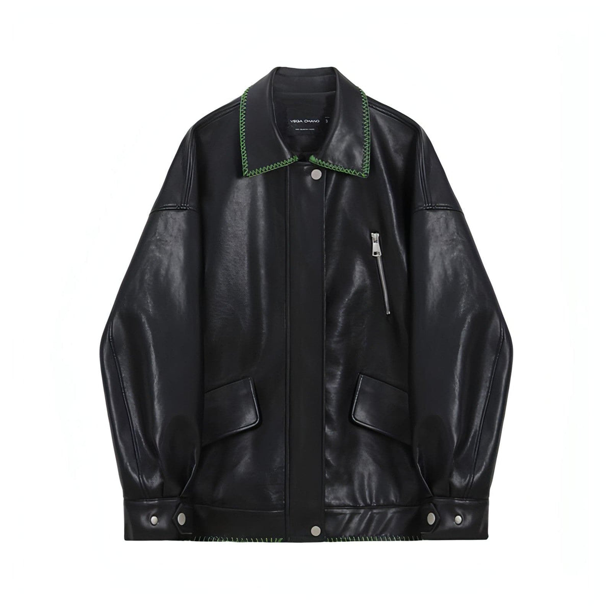 Black Leather Jacket , Loose Slimming Biker Style Pu Jacket