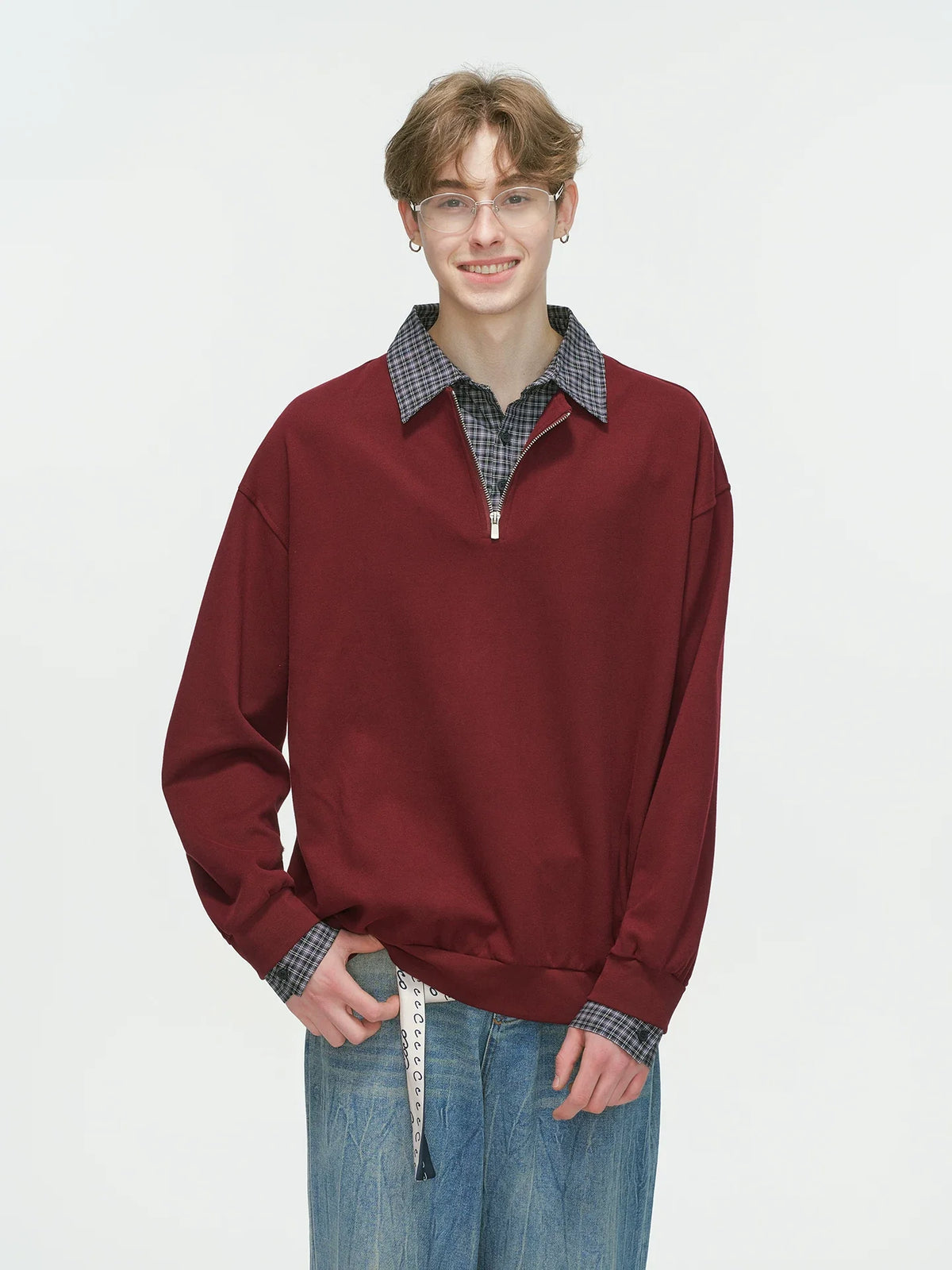 Layered Collar Half‑Zip Knit Pullover