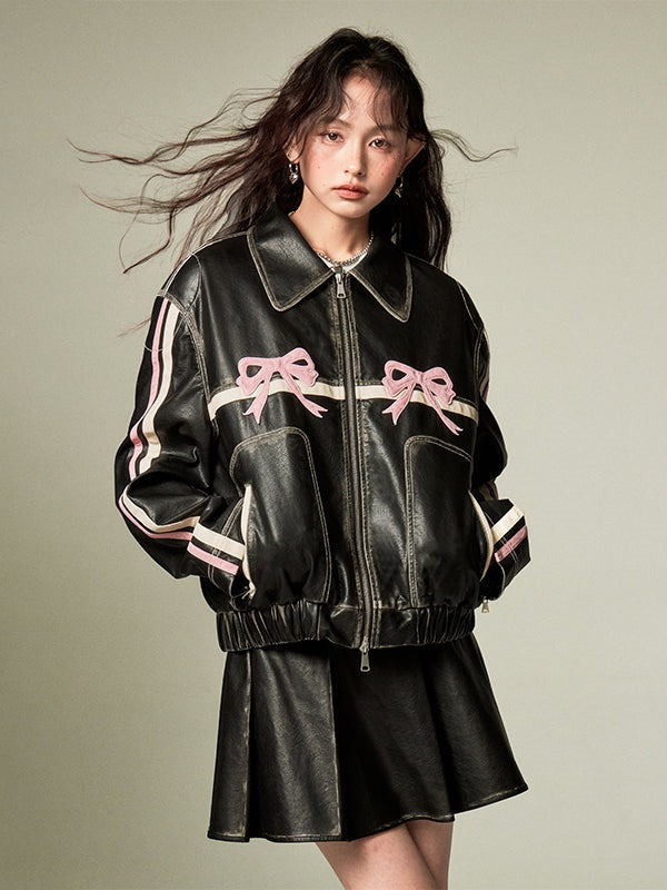 DIDDI MODA Bow-Detail Colorblock Faux-Leather Jacket