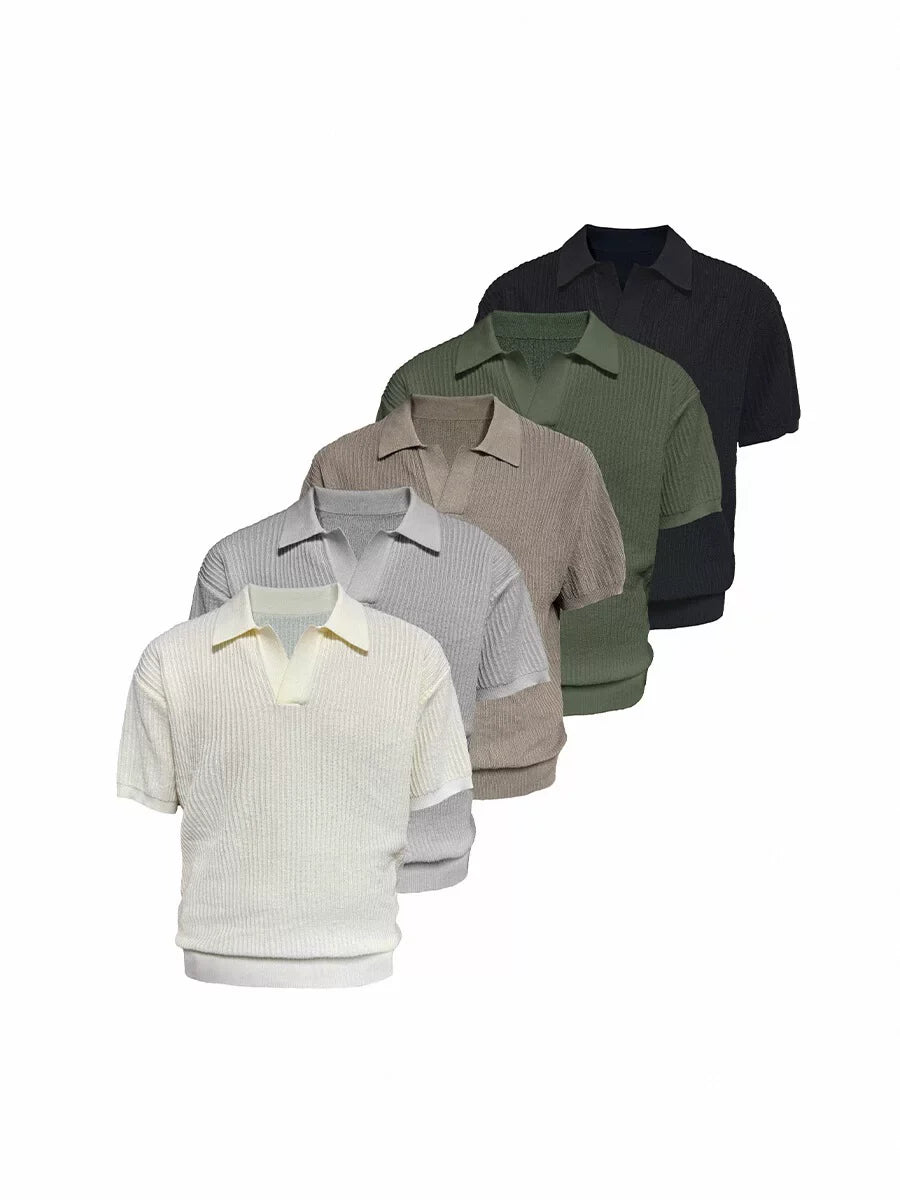 Textured Knit Open-Collar Polo Shirt