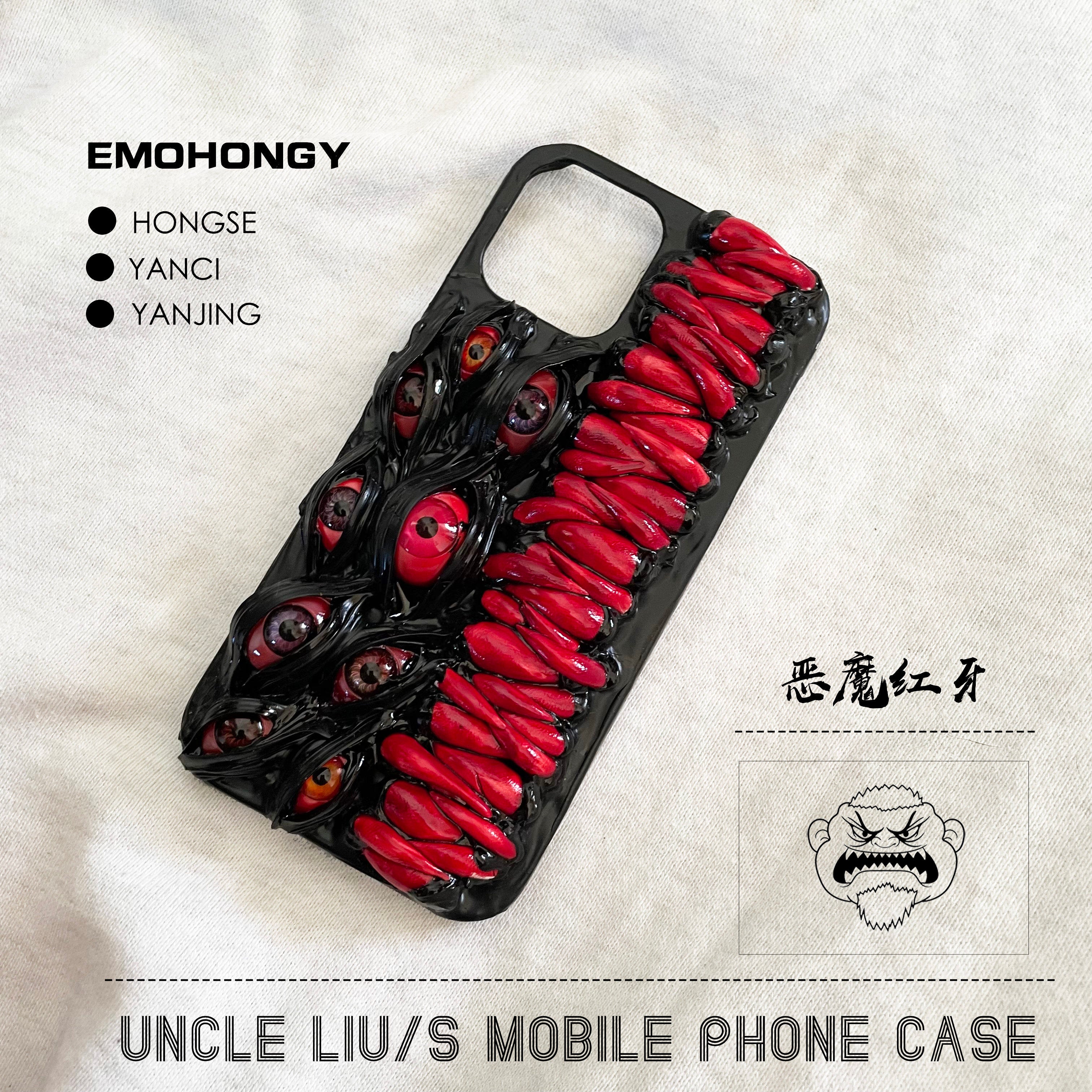 Handmade 3D horror-themed iPhone case featuring multiple realistic eyes and red textured details on a black background.