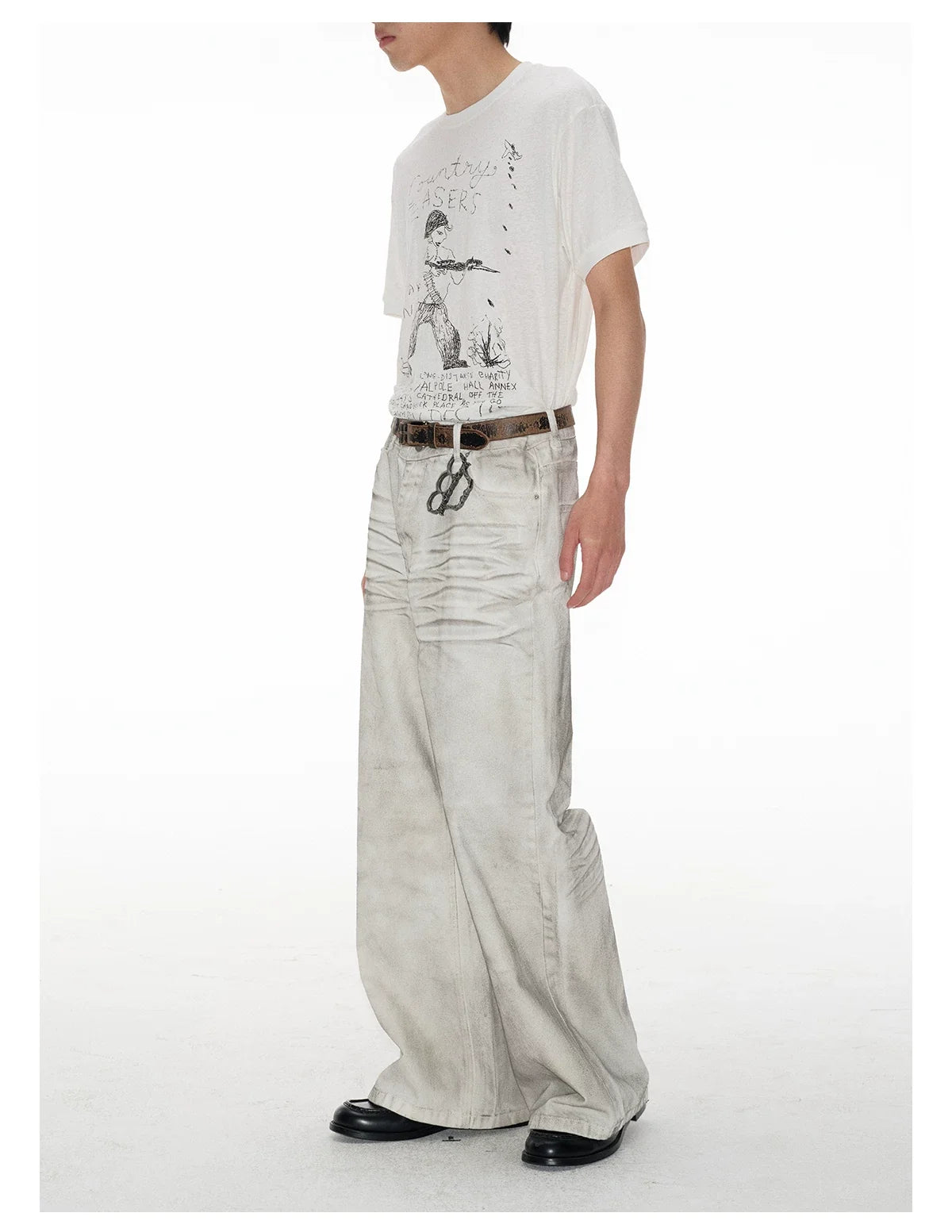 Faded White Ruched-Front Wide-Leg Jeans