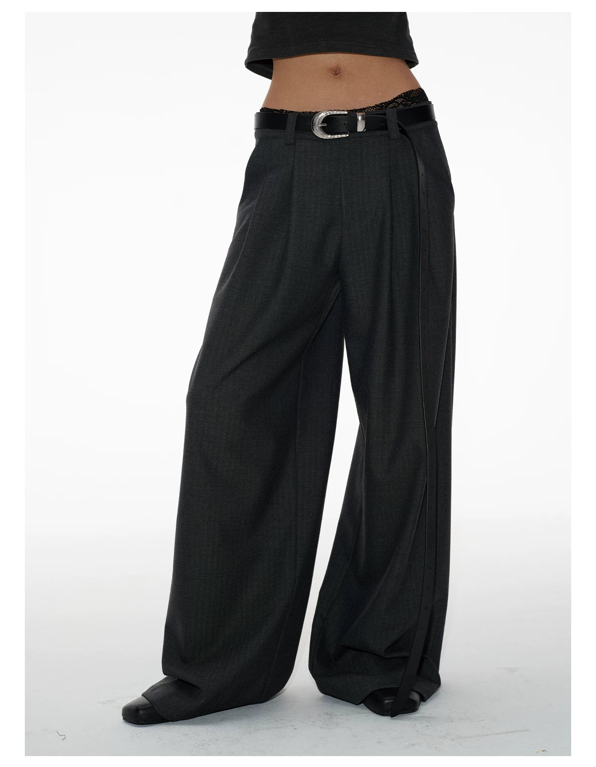 Belted Strap Tailored Wide-Leg Dress Trousers