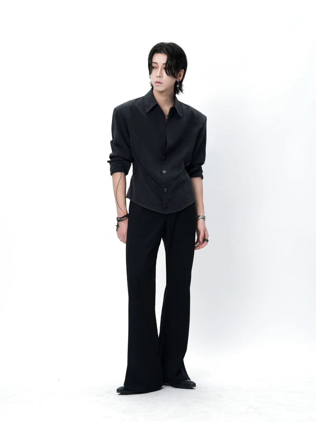Black Sculpted Waist Button-Up Shirt