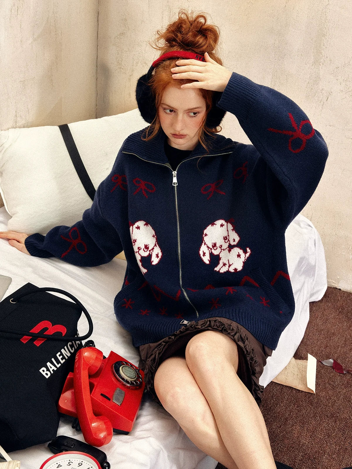 Oversized Zip-Up Sweater with Puppy Print