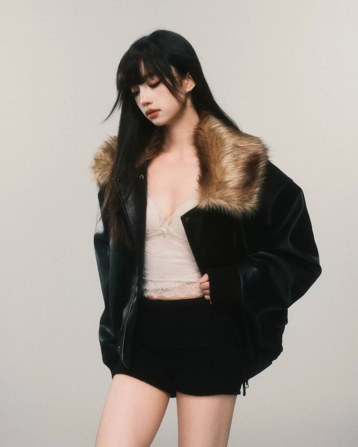 Faux Fur Collar Padded PU Biker Jacket