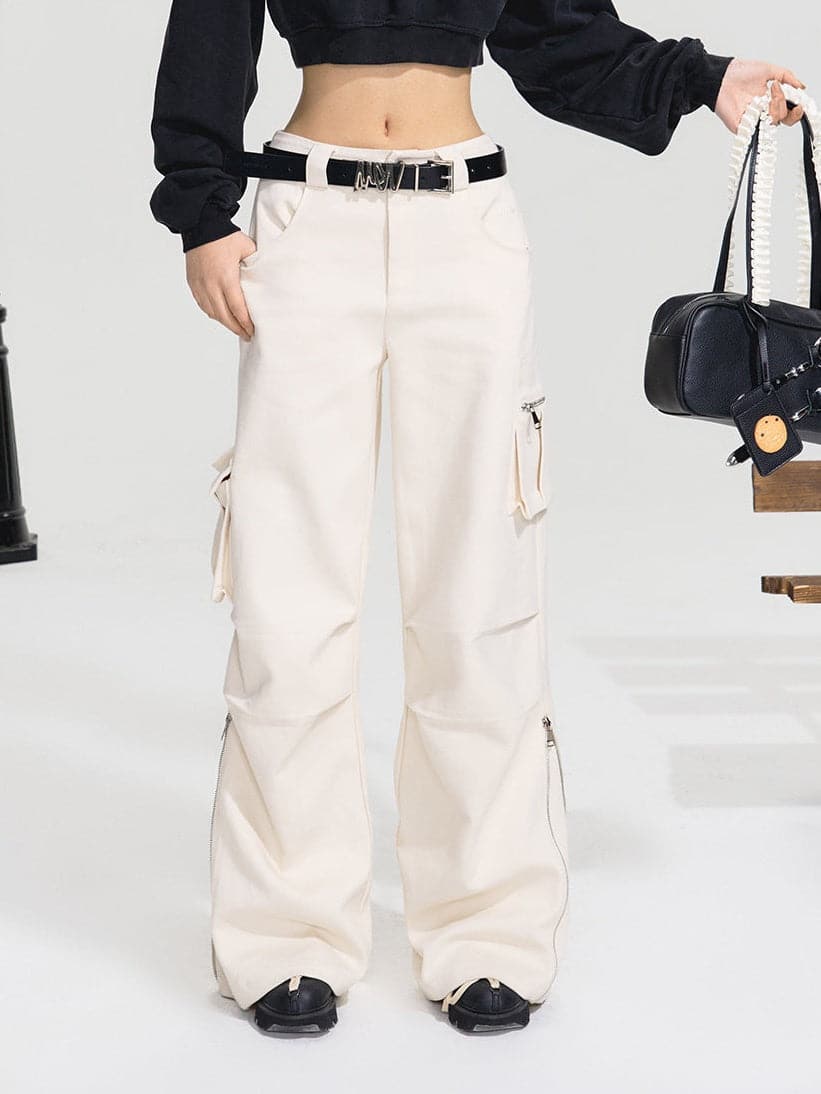 High-Waist White Utility Wide-Leg Pants
